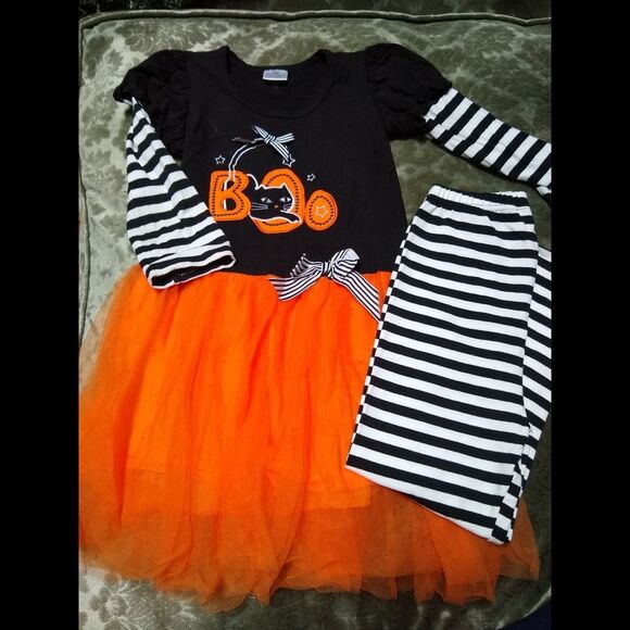None Other - Halloween Black Cat Striped/Tulle Dress & Leggings Size 5 BOO!